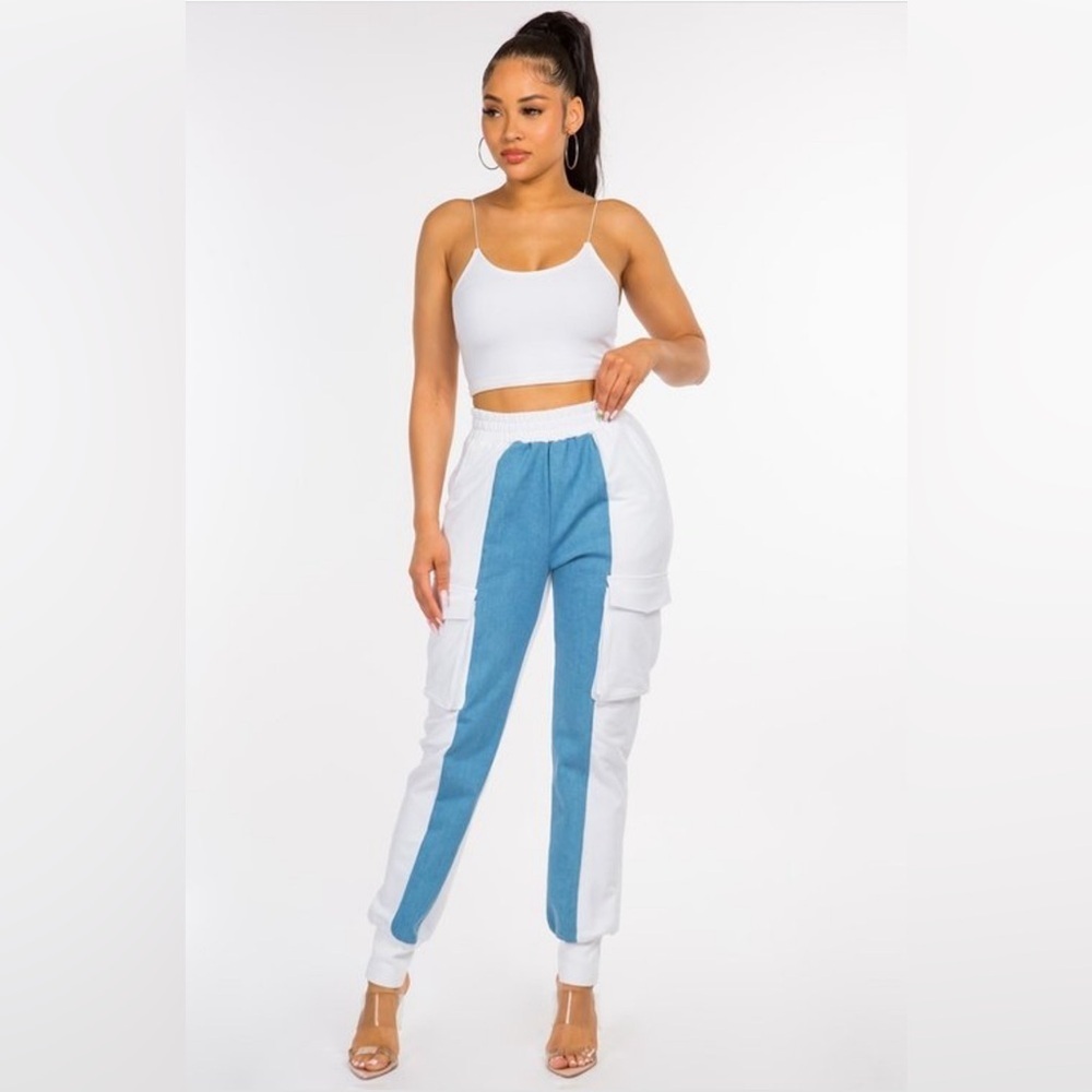 WHITE FRENCH TERRY-DENIM COMBO CARGO PANT WITH TANK TOP SET